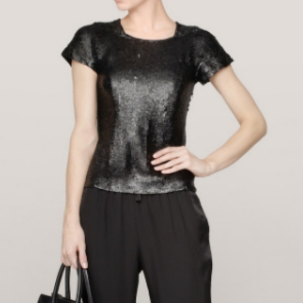 Theyskens' Theory Blouse oBlack Caviar Brax Sequin  Silk Short Sleeve Size 10